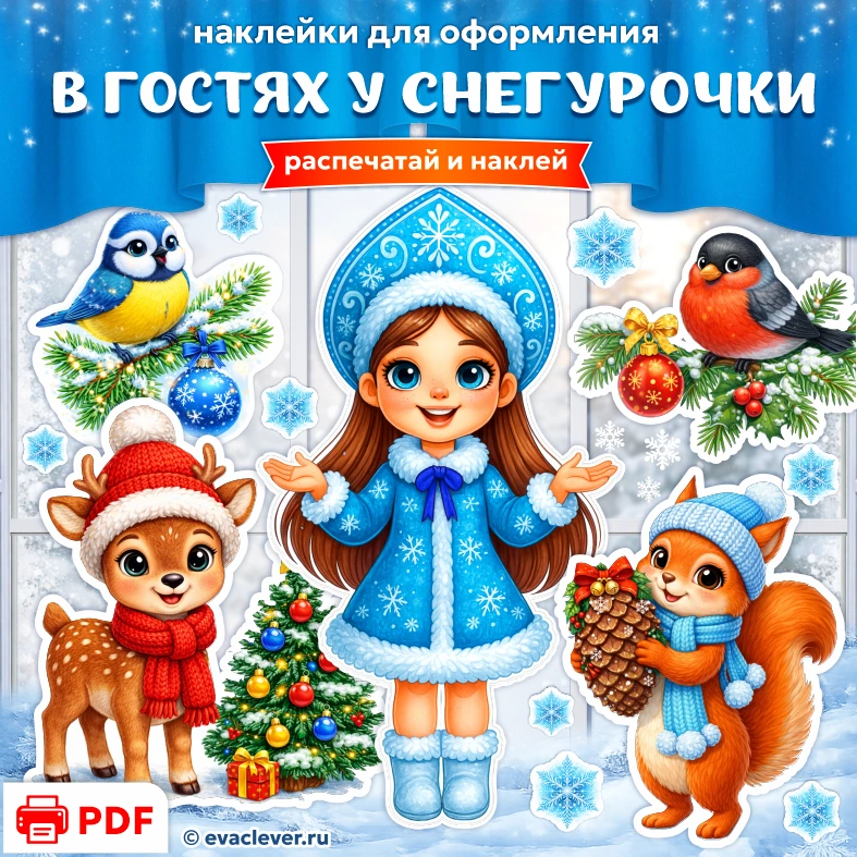Шаблон наклейки Снегурочка для печати на А4, оформление детской комнаты